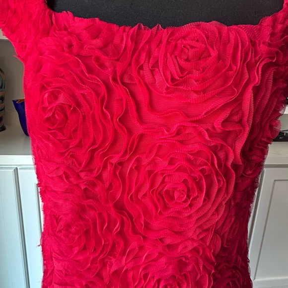 Comfortable, classic red dress with roses texture. - Picture 2 of 4
